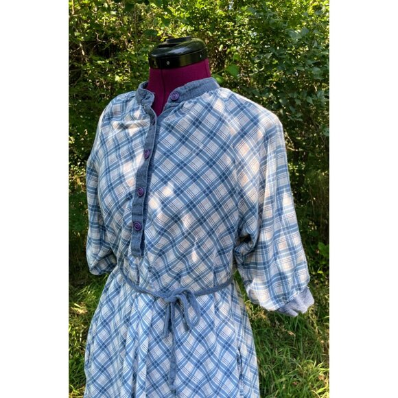 Vintage 1970s Chambray Blue Plaid Dress Rosani Size 8 - Picture 4 of 16